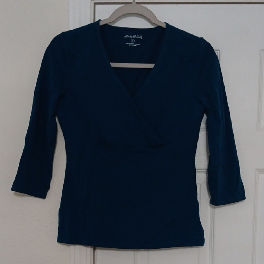 Eddie Bauer Blue Fitted Wrap Blouse with 3/4 Sleeves